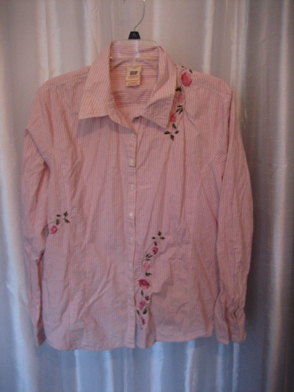 Faded Glory Junior Size Pink/Grey Striped Button Down Shirt Sz XL(16/18) Pre-Own