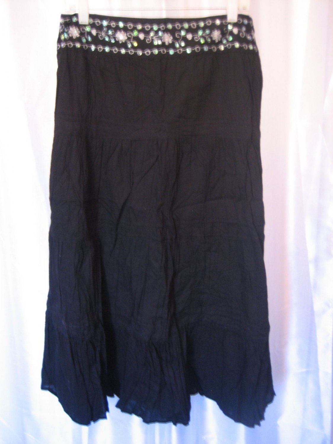 Over Drive Black 100% Cotton Junior's Silver Stitched/Sequin BoHo Skirt Sz L New