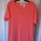 White Stag Plus Women's Dark Peach Floral Trim V Neck Shirt Sz 16W Pre-Owned