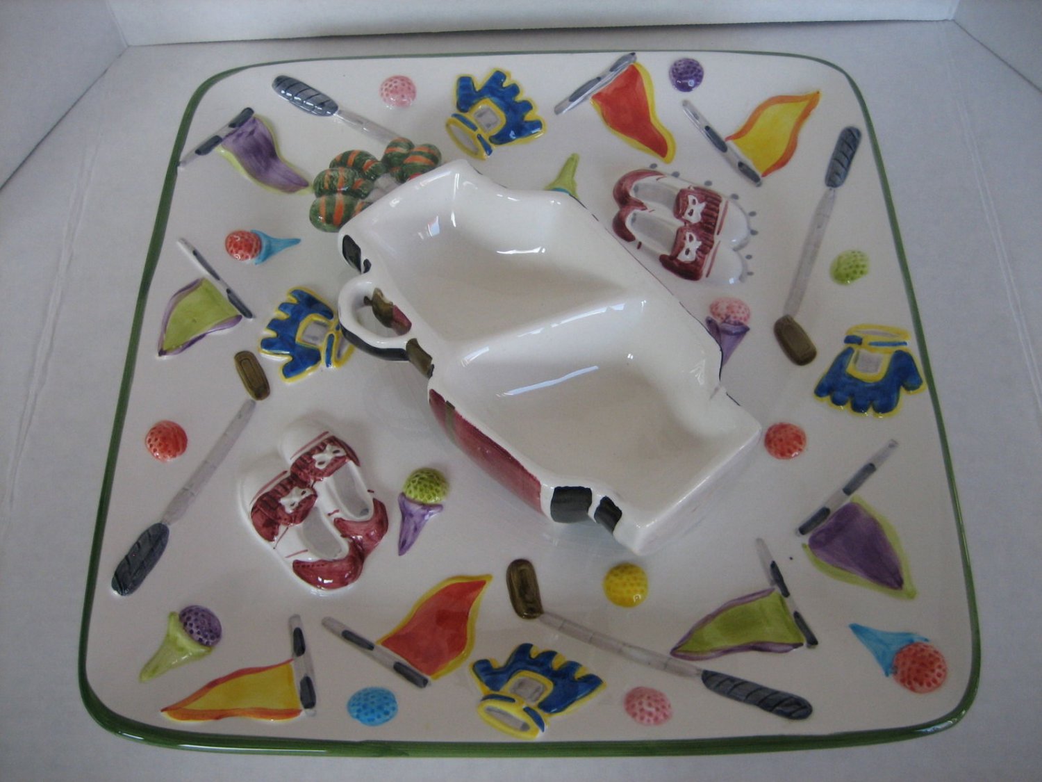 World Bazaars Golf Theme Ceramic 2 Piece Serving Piece Chip Dip 13 1/2 in Sq. NW