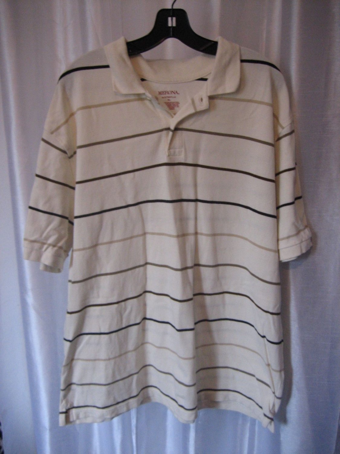 Merona Men's Cream/Tan/Brown Striped Collared Short Sleeve Shirt Sz XL Pre-Owned
