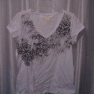 LoLe Junior Size White VNeck Grey Printed Lace Short Sleeve Shirt Sz XL PreOwned