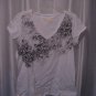 LoLe Junior Size White VNeck Grey Printed Lace Short Sleeve Shirt Sz XL PreOwned