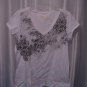 LoLe Junior Size White VNeck Grey Printed Lace Short Sleeve Shirt Sz XL PreOwned
