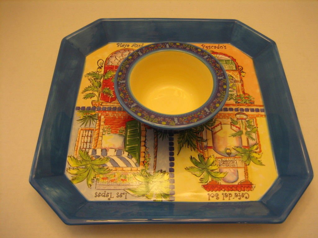 Large Blue 4 Doors Ceramic Square Platter & Dip Bowl 2 Piece Set New 14in.sq.