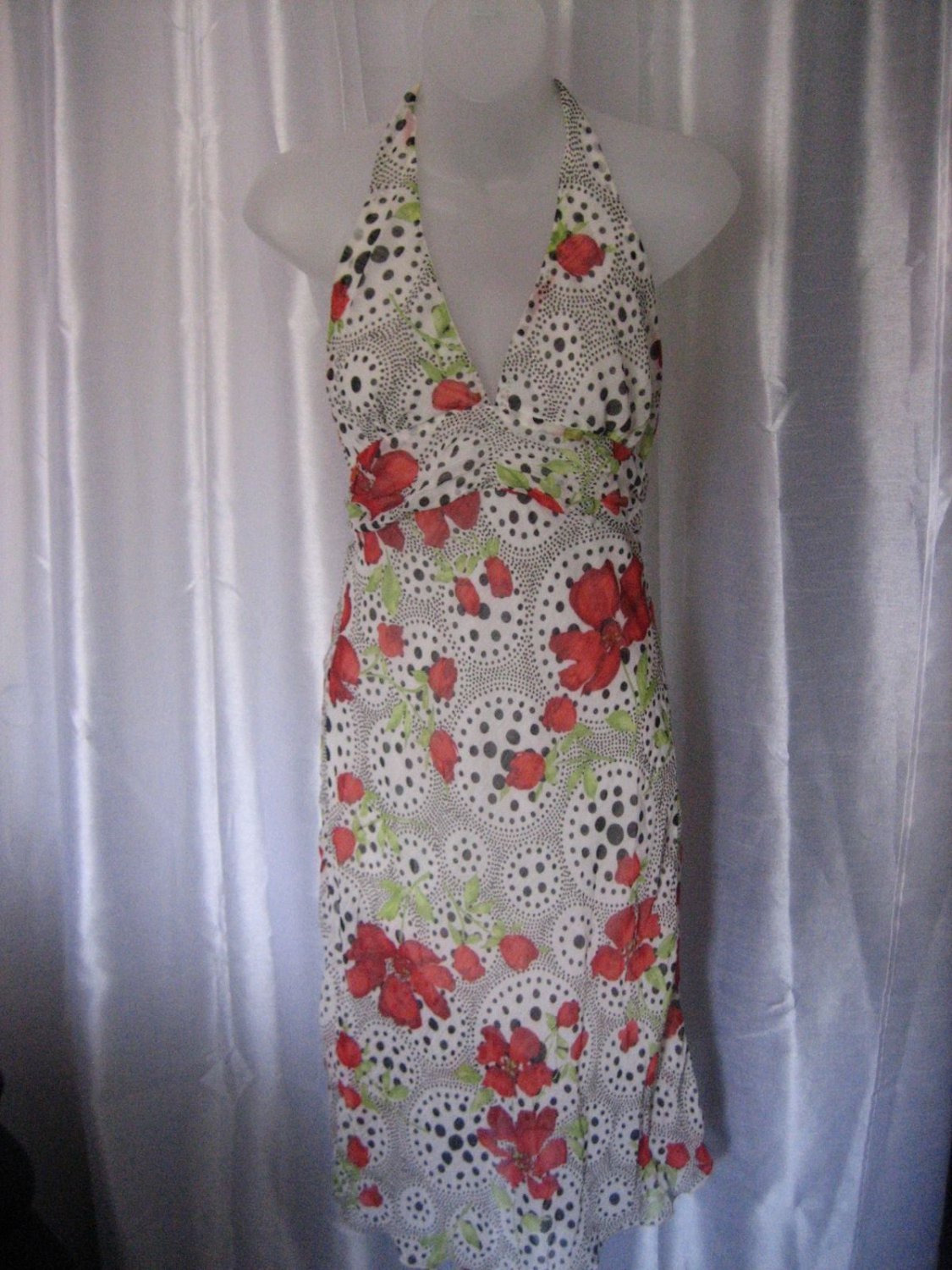 San Joy Junior Size Red Floral & Black Dots Halter Dress Sz S NWWT 100%Polyester