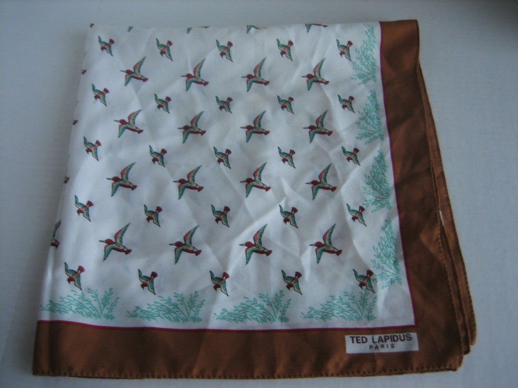 Ted Lapidus Paris Hummingbird Scarf White & Brown 26 in. Sq. Polyester Pre-Owned