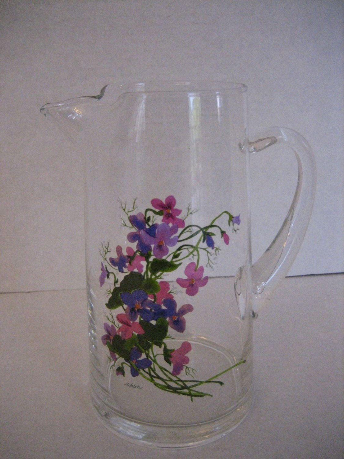 Vintage Avon Forget Me Nots Glass Hand Painted Juice Pitcher 8 in.T  New