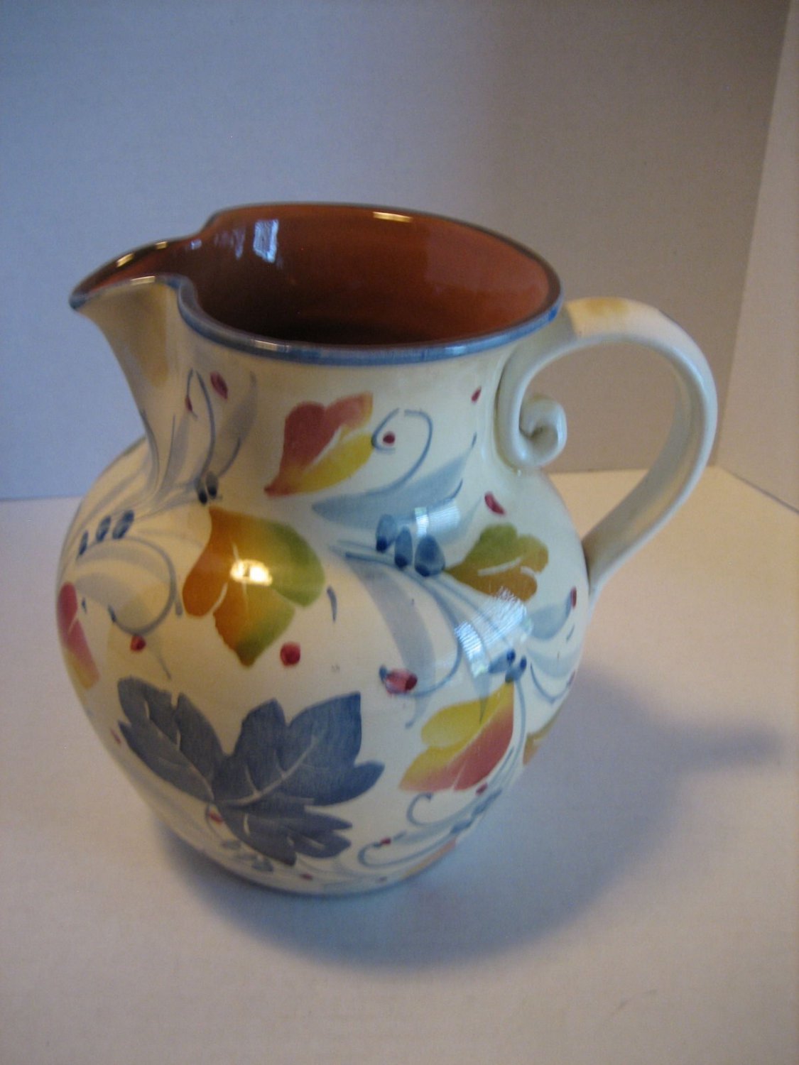 Ceramiche Alfa Pottery Leaf Print Cream/Blue/Rust/Yellow Liquid Pitcher Preowned