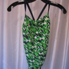 Adidas Performance Girl's Tye Dye Green/White/Black One Piece Swimsuit Sz 28 New