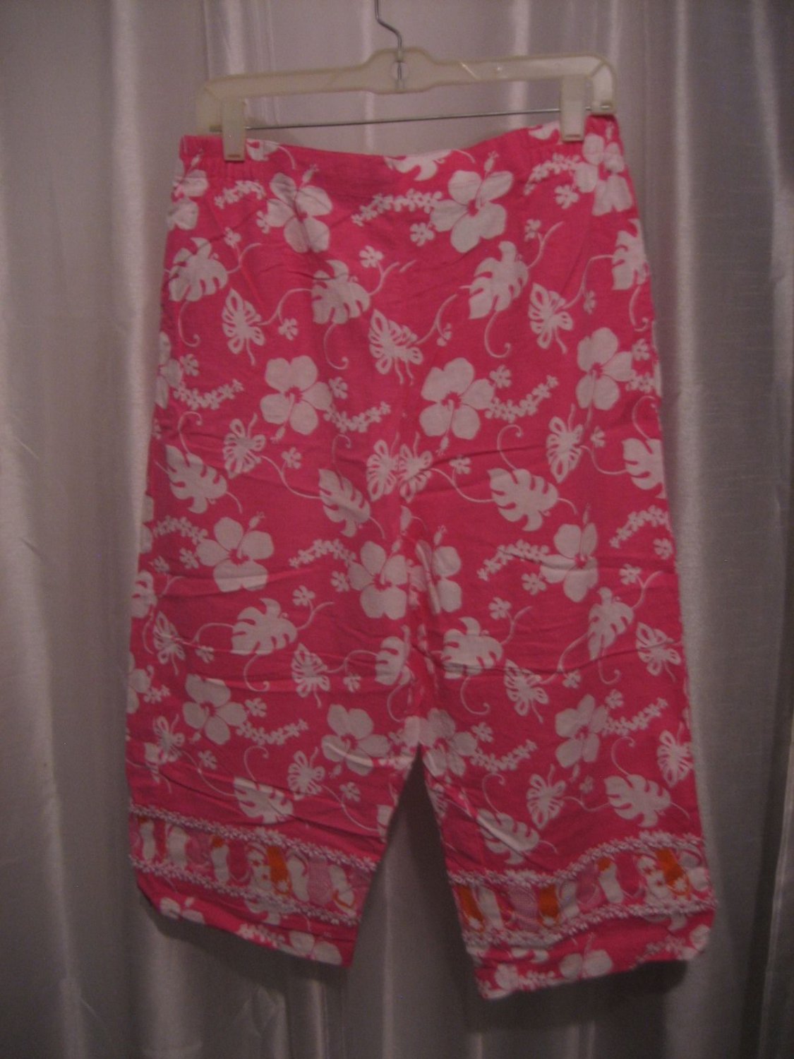 White Stag Pink & White Hawaiian Print Capri/Cropped Pants SZ L 12-14 Pre-Owned