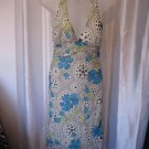 San Joy Junior Size White/Blue/Black Floral Halter Mid Calf Poly Dress Sz M NWWT