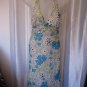 San Joy Junior Size White/Blue/Black Floral Halter Mid Calf Poly Dress Sz M NWWT