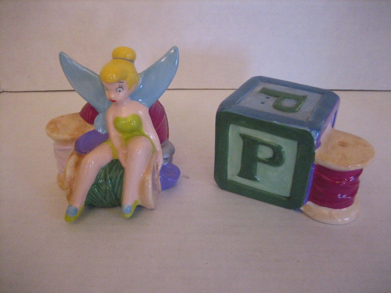 Disney Tinker Bell & Yarn Ceramic Salt & Pepper Shakers New 3 in.T x 3 1/2 in.W