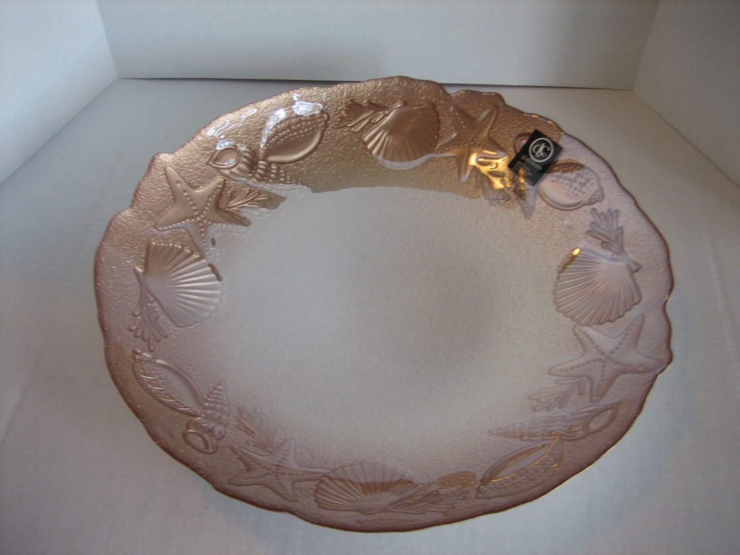 DC Glassware Peach Large Glass Sea Shell Bowl 16in.W x 5in.D Made in Turkey NWWT