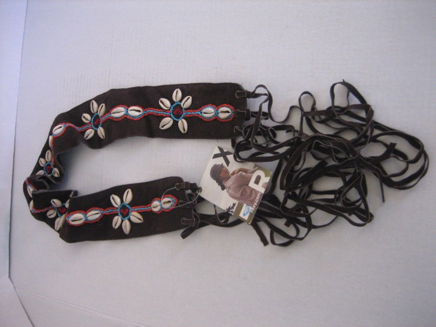 Roxy Junior Size Brown Suede Leather Beaded & Shell Tie Wide Belt Sz Free NWWT