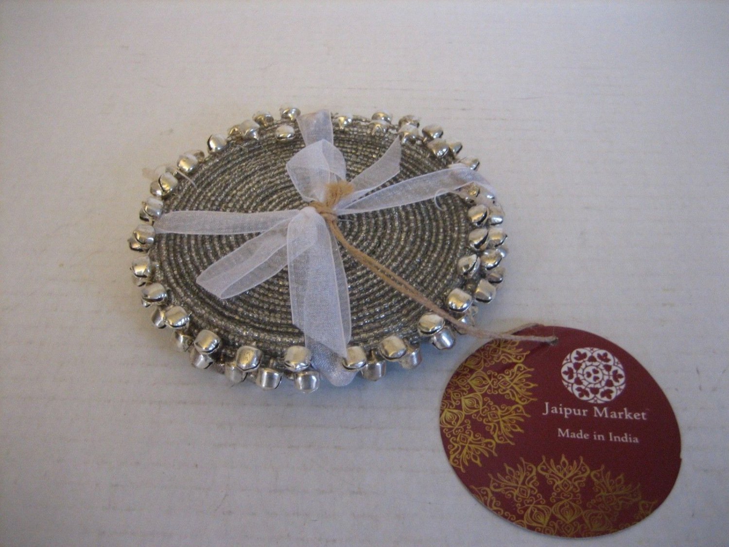 Jaipur Market Silver Beaded Round Coasters w/Silver Little Bells Set of 4 NW