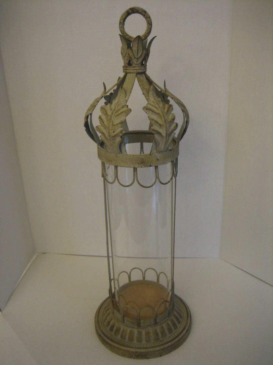 Tall Antiqued Cream Metal & Clear Glass Decorative Tabletop Candle Holder NWNT