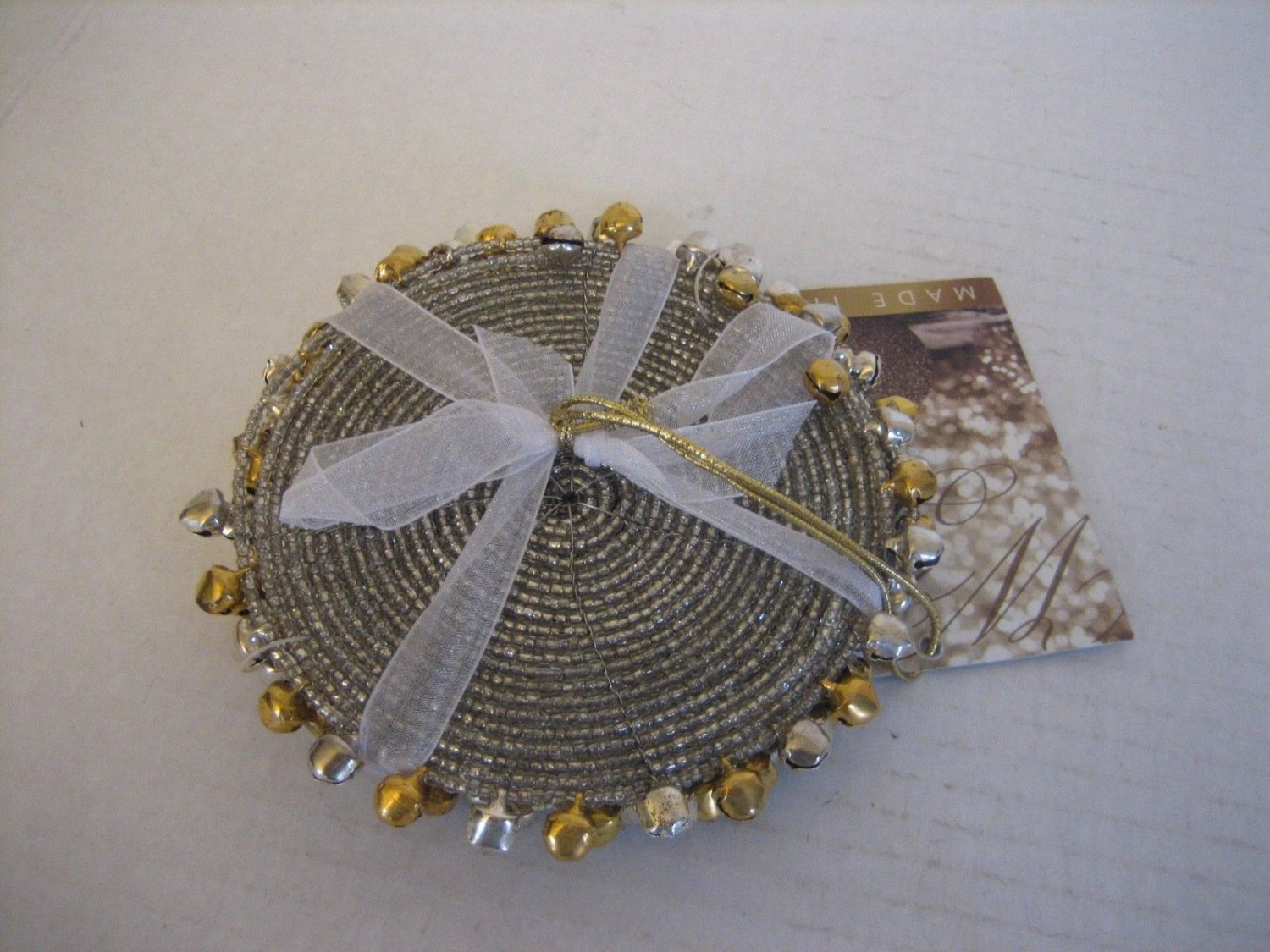 Winter Frost Silver Beaded Round Coasters w/Silver/Gold Little Bells Set of 4 NW