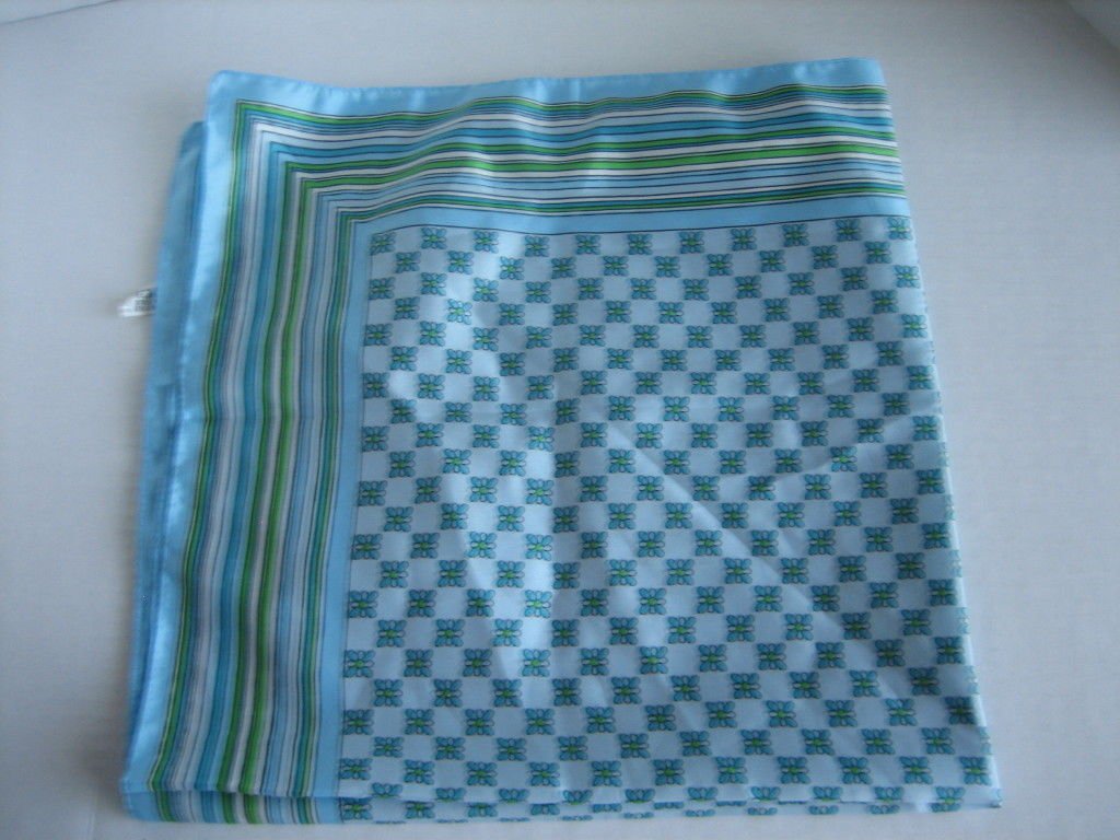 Blue/Green/White Stripes & Flowers Scarf 26 in. Sq. Made in Italy Poly Pre-Owned
