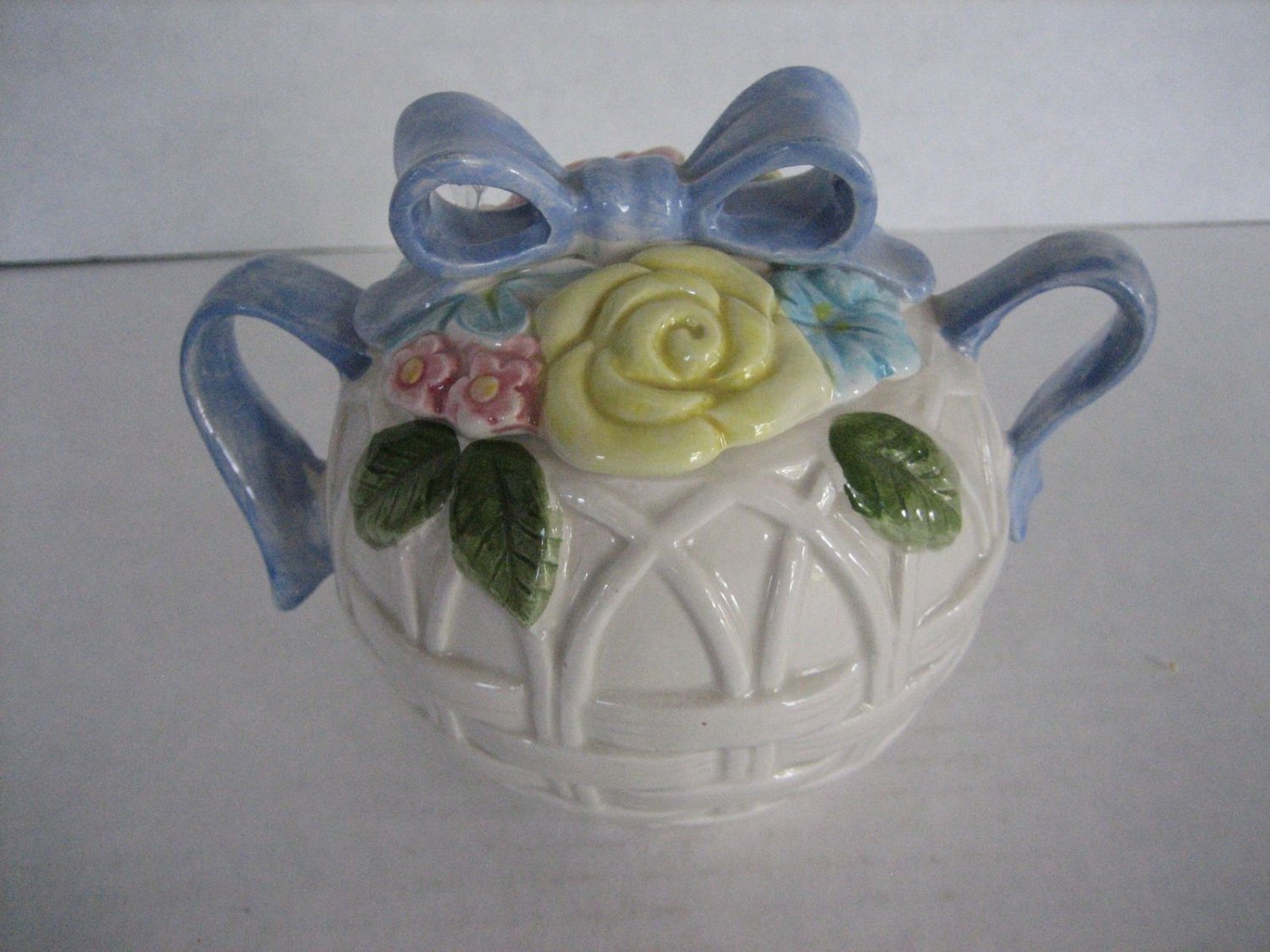 Fitz and Floyd White Woven Basket with Blue Bow & Flowers Creamer/Sugar Set 1990