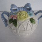 Fitz and Floyd White Woven Basket with Blue Bow & Flowers Creamer/Sugar Set 1990