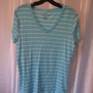 Faded Glory Junior Size Aqua & White Striped V Neck Shirt Sz XL/16-18 Pre-Owned