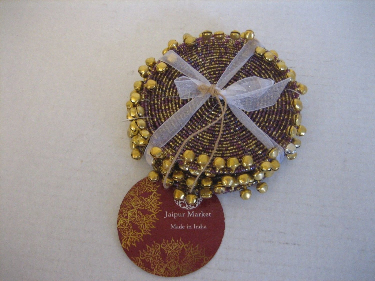 Jaipur Market Maroon/Gold Beaded Round Coasters w/Gold Little Bells Set