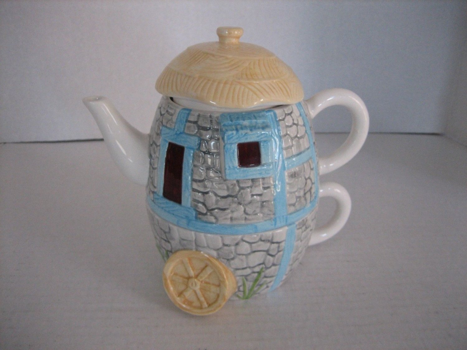 Applause Blue/Grey Stone House Ceramic 2 Piece Tea Cup & Single Cup Pot Set NWNT