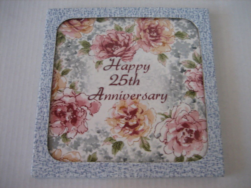 Large Ceramic Happy 25th Anniversary Floral Inspirational Tile 8x8 New in Box