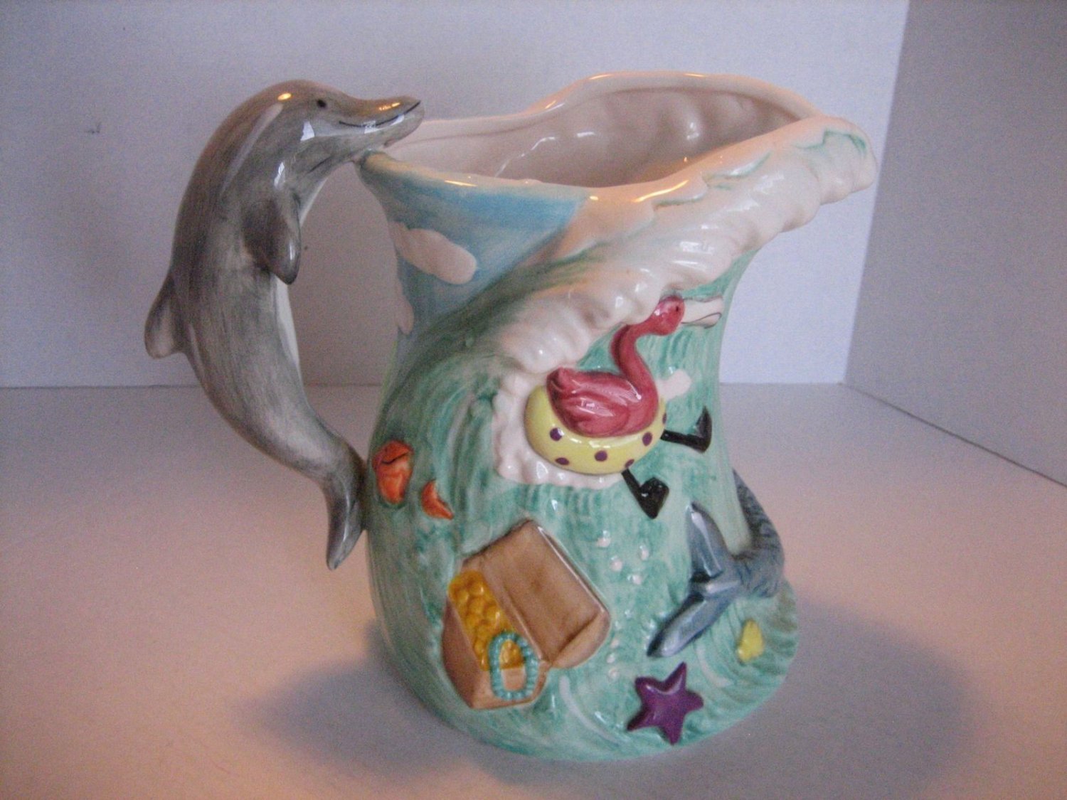 Living Quarters Mermaid & Sea Ceramic Pitcher with Grey Dolphin Handle Pre-Owned