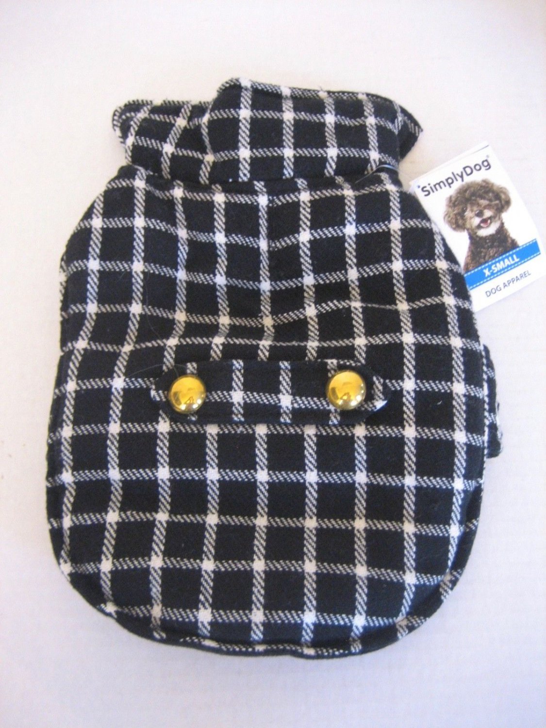 Simply Dog Unisex Black/White Plaid Gold Button Back Tab Pet/Dog Jacket Sz XXS