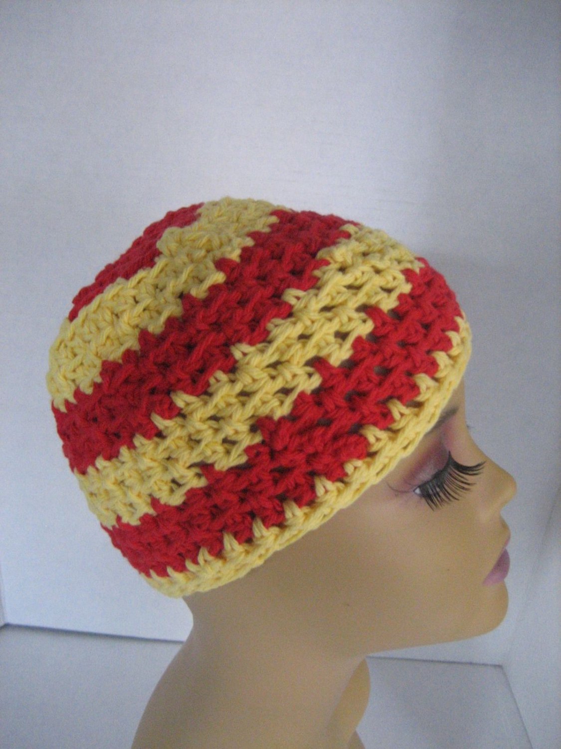 Handmade Unisex Red Yellow Crochet Knit Beanie Hat New 19 In.r. X 6 1 