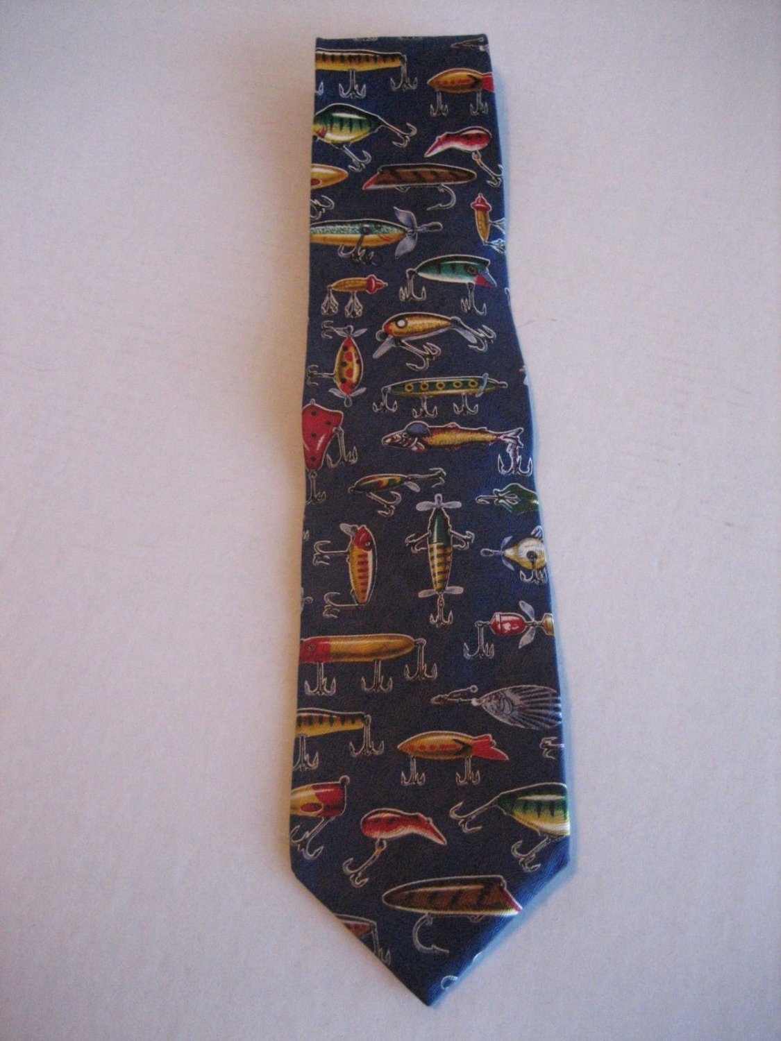 RM Sport All Lures Navy 1998 Jon Q Wright 100% Silk Men's Neck Tie USA Pre-Owned