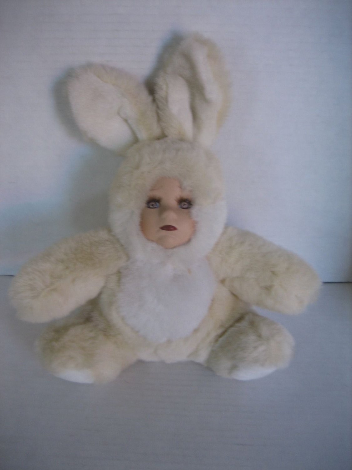 Vintage Porcelain Face Cream & White Bunny Baby Stuffed Animal Plush Pre-Owned