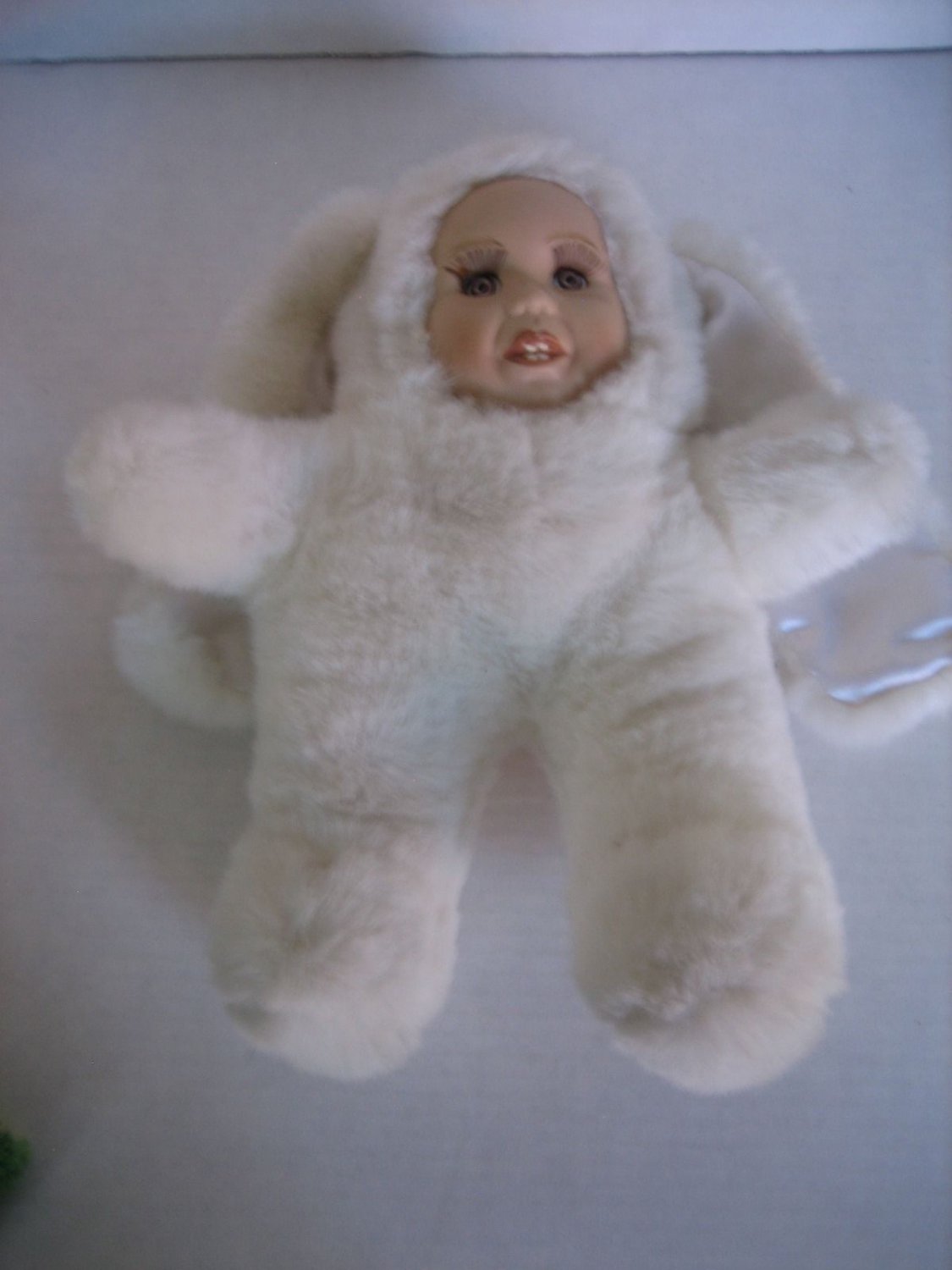 Vintage Porcelain Face Floppy Ear White Bunny Baby Stuffed Animal Plush PreOwned