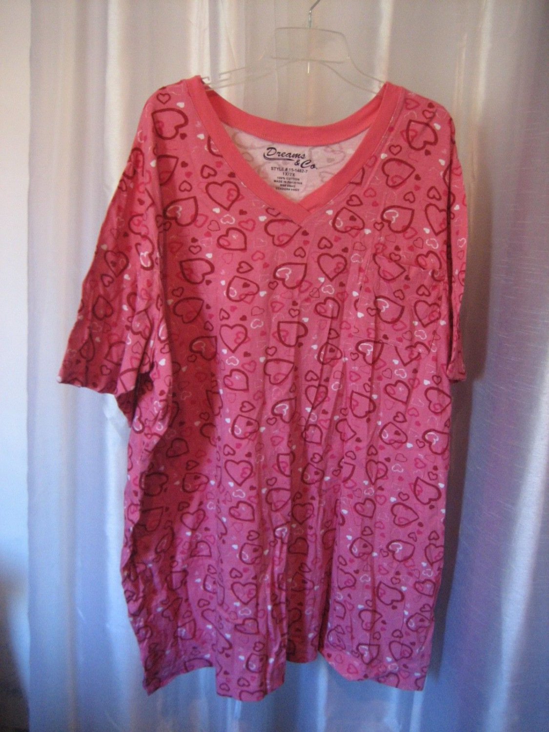 Dreams & Co. Women's Pink Hearts 100%Cotton Short Sleeve Sleep Shirt Sz 1X/2X NW