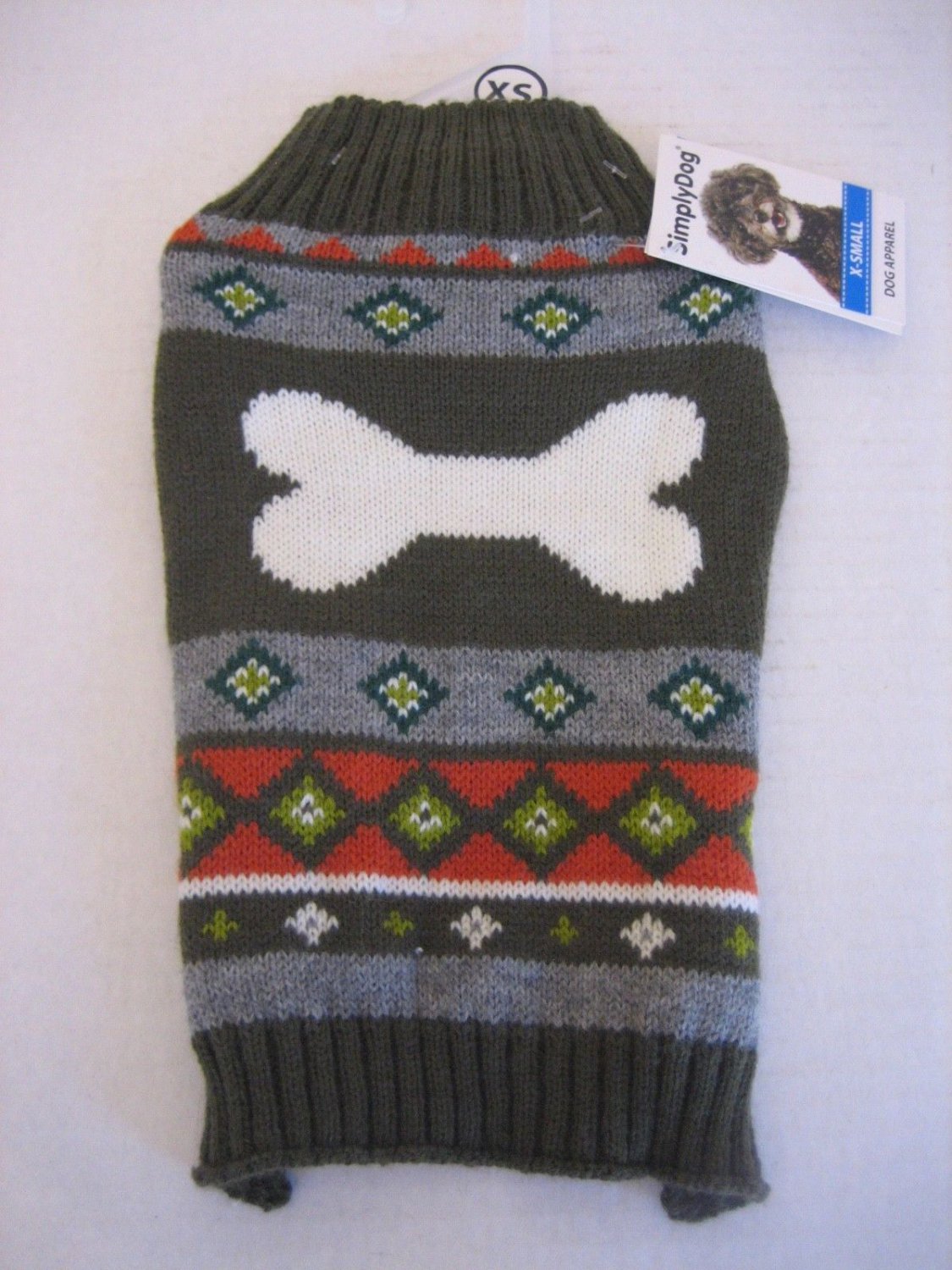 Simply Dog Olive/Grey/Orange Bone Fair Isle Unisex Pet/Dog Sweater Sz XS NWWT