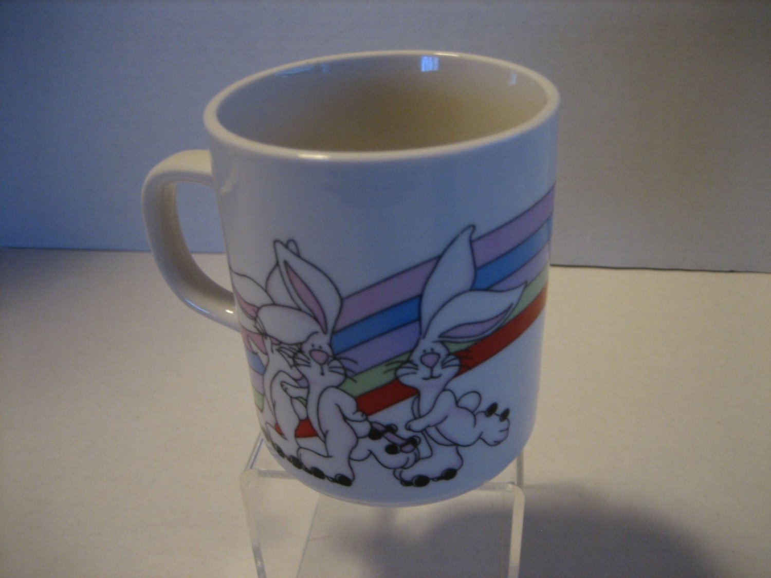 Roller Skating Bunny Rabbits and a Rainbow Ceramic Coffee Mug Cup NW 3 1/2L x 3W