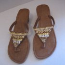 Tan Faux Suede Beaded Women's Wedge Heel Sandal Flip Flop Shoe Sz 8 NWNT