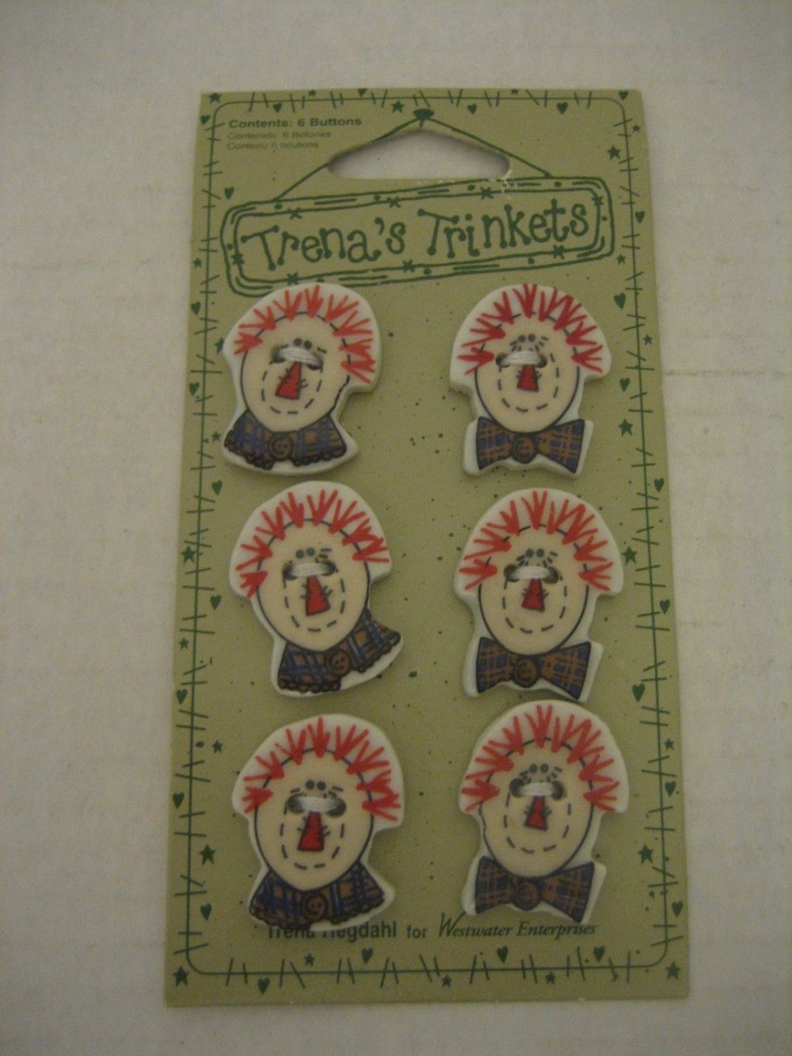Trena's Trinkets 6 Raggedy Ann & Andy Heads Ceramic Buttons NWIP 097327304690