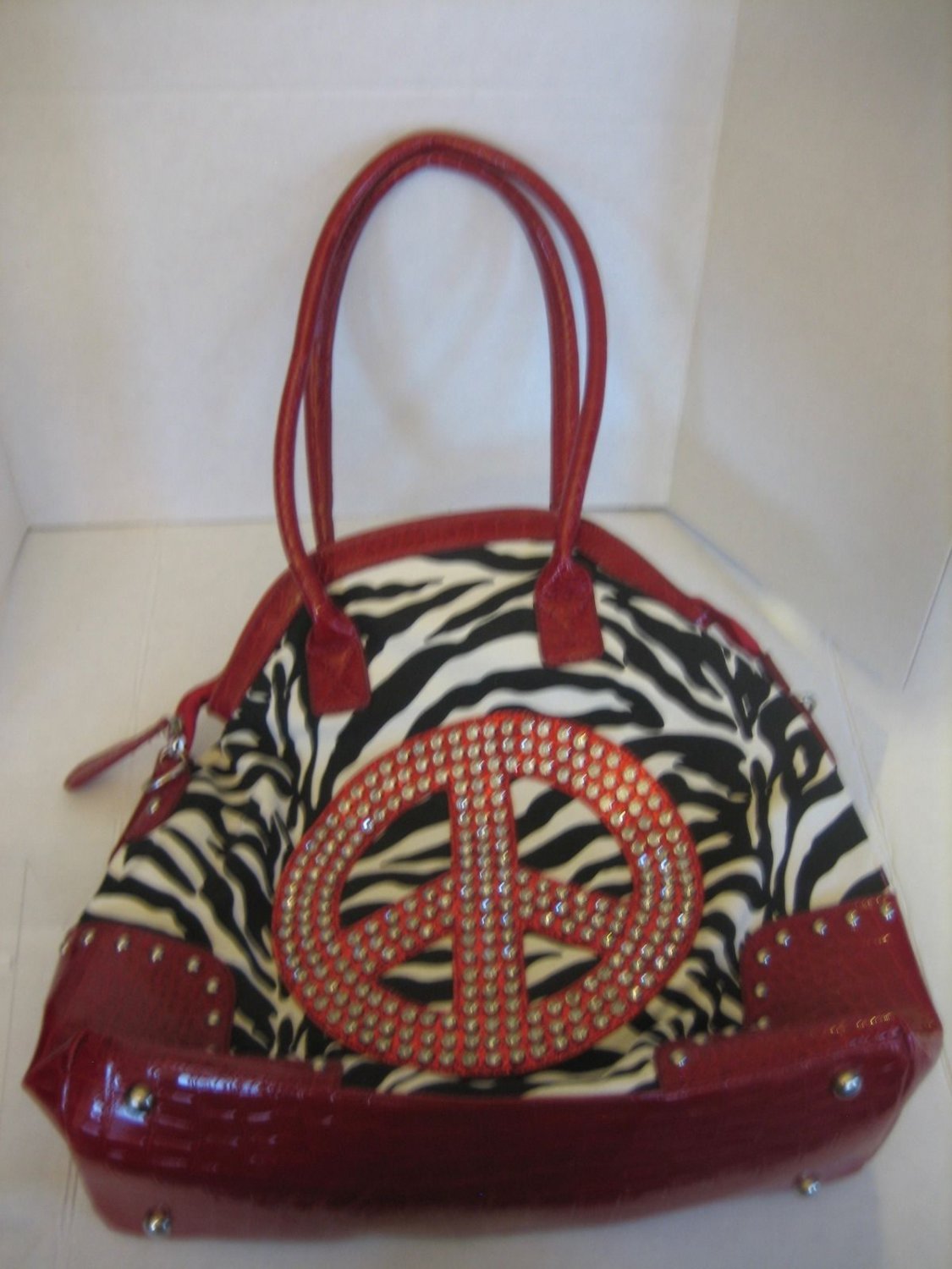 Women's Red Faux Snake Skin/Black & White Canvas Zebra Animal Print Peace Purse