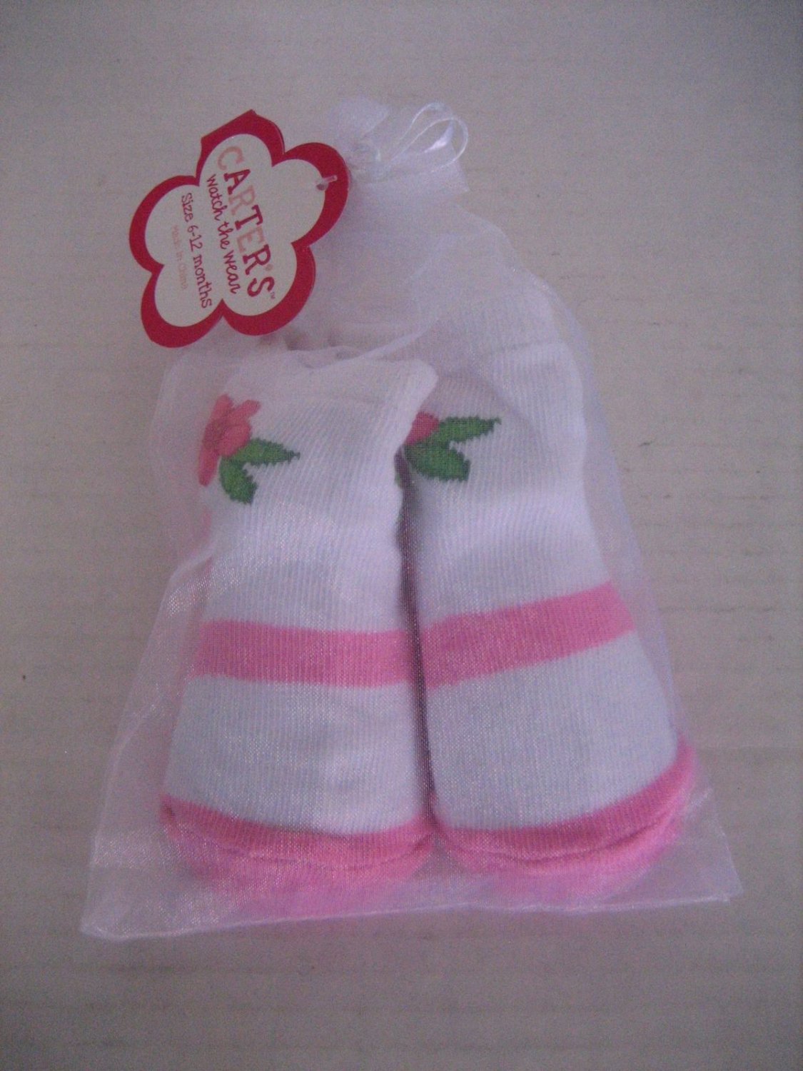 Carter's Infant Girl's Pink/ White Bootie Sock with Pink Flower Sz 12-24M NWWT