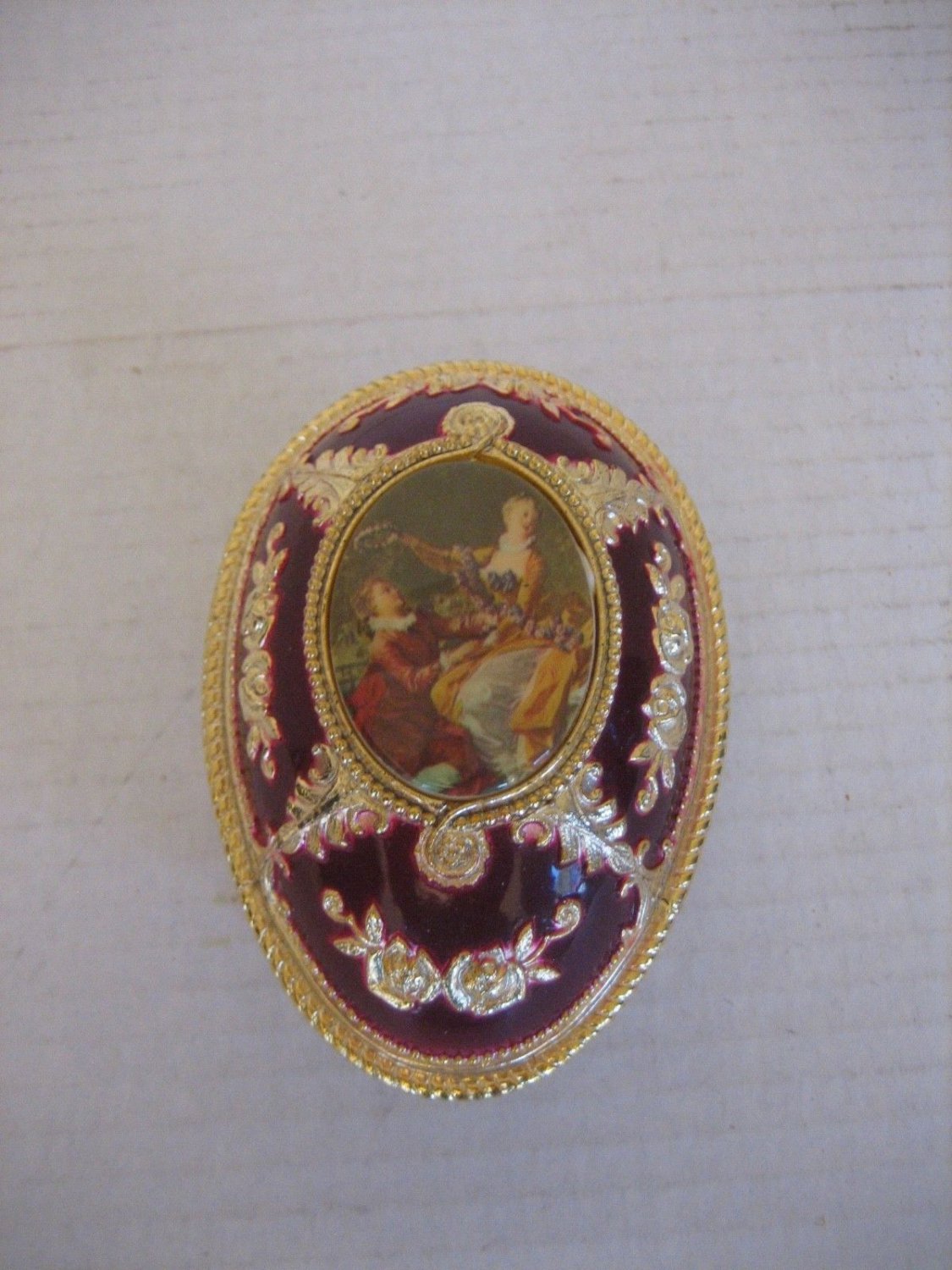 Vintage Maroon & Gold Egg Shaped Metal Jewelry/Trinket Music Box Waltz Pre-Owned