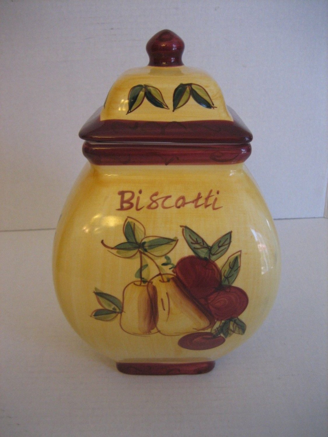 Yellow Biscotti Ceramic Canister Cookie Jar with Fruit 11 in.Tall Pre-Owned