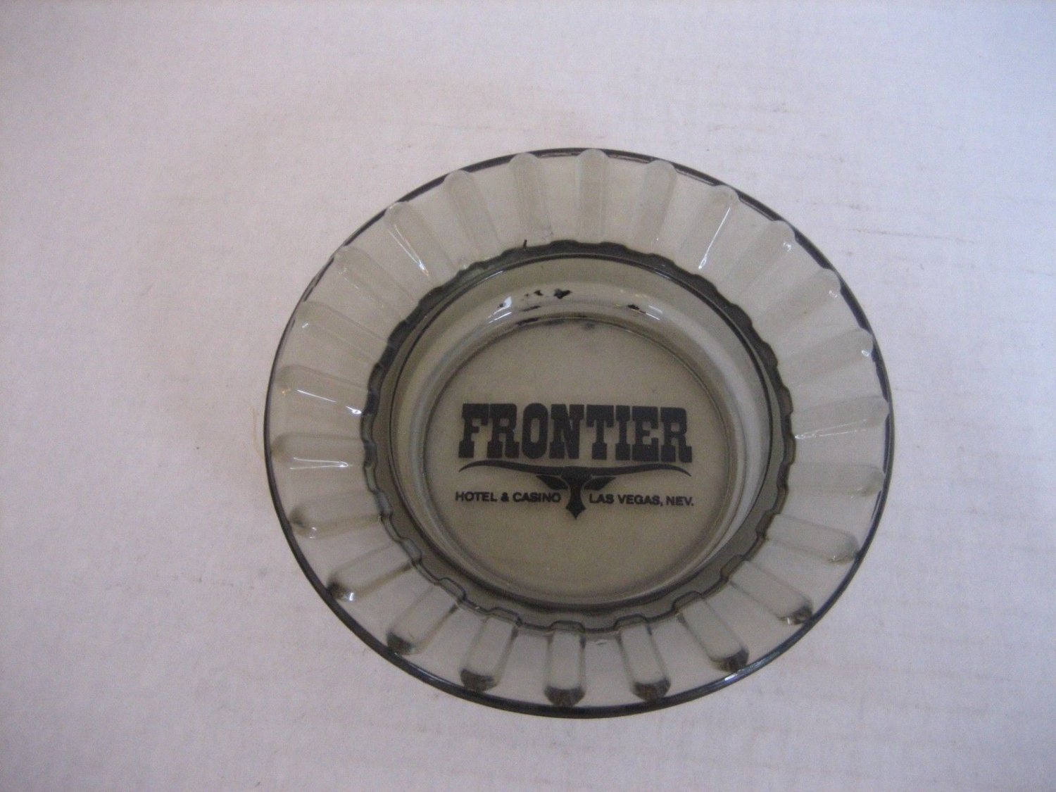 Vintage Las Vegas Frontier Clear Black Glass Round Ashtray 4 1/2in.R. Pre-Owned