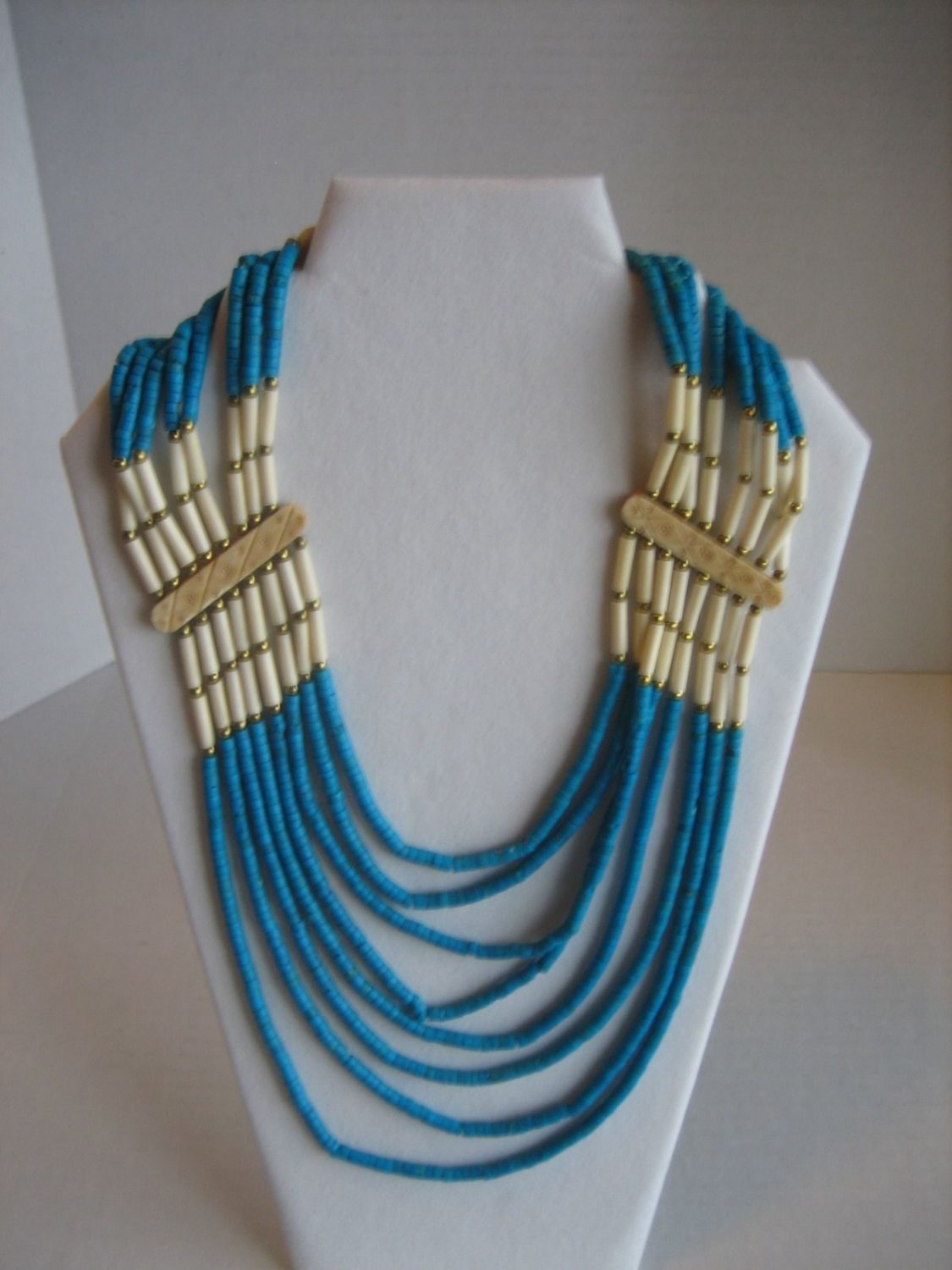 Vintage Women's Blue/Cream Bone & Beads Multi-Strand Necklace Pre-Owned