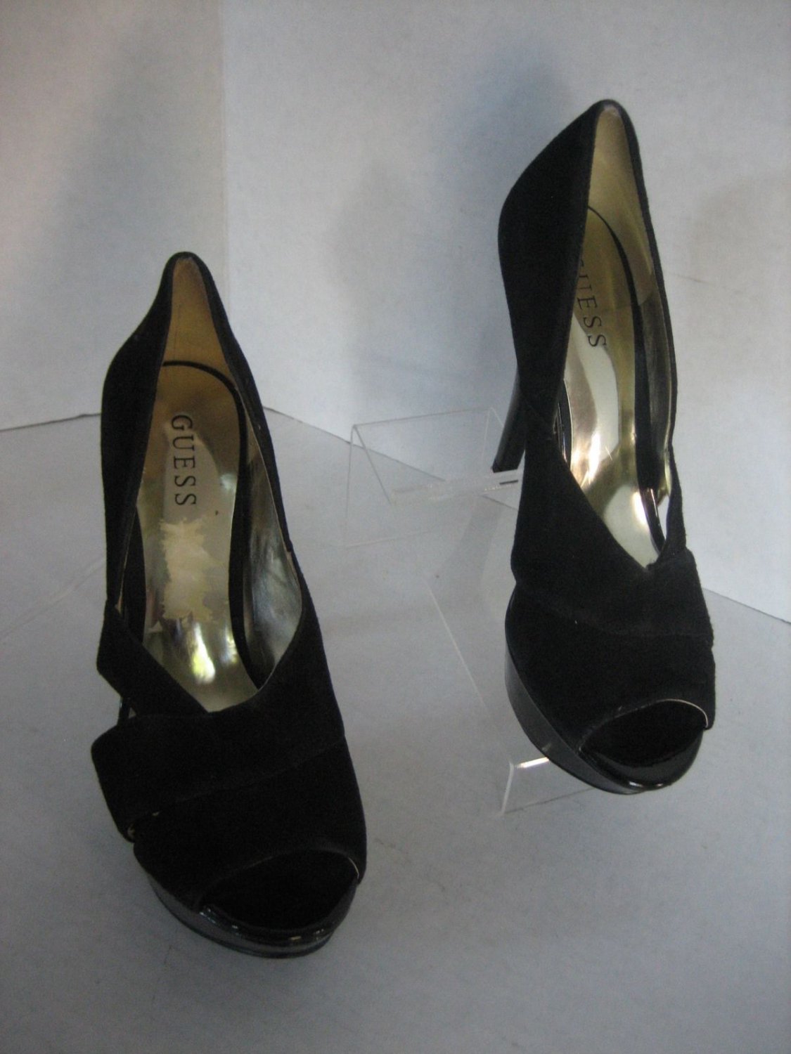 Guess GW Atense Black Leather Suede High Heel Open Toe Shoes Sz 9M Pre-Owned