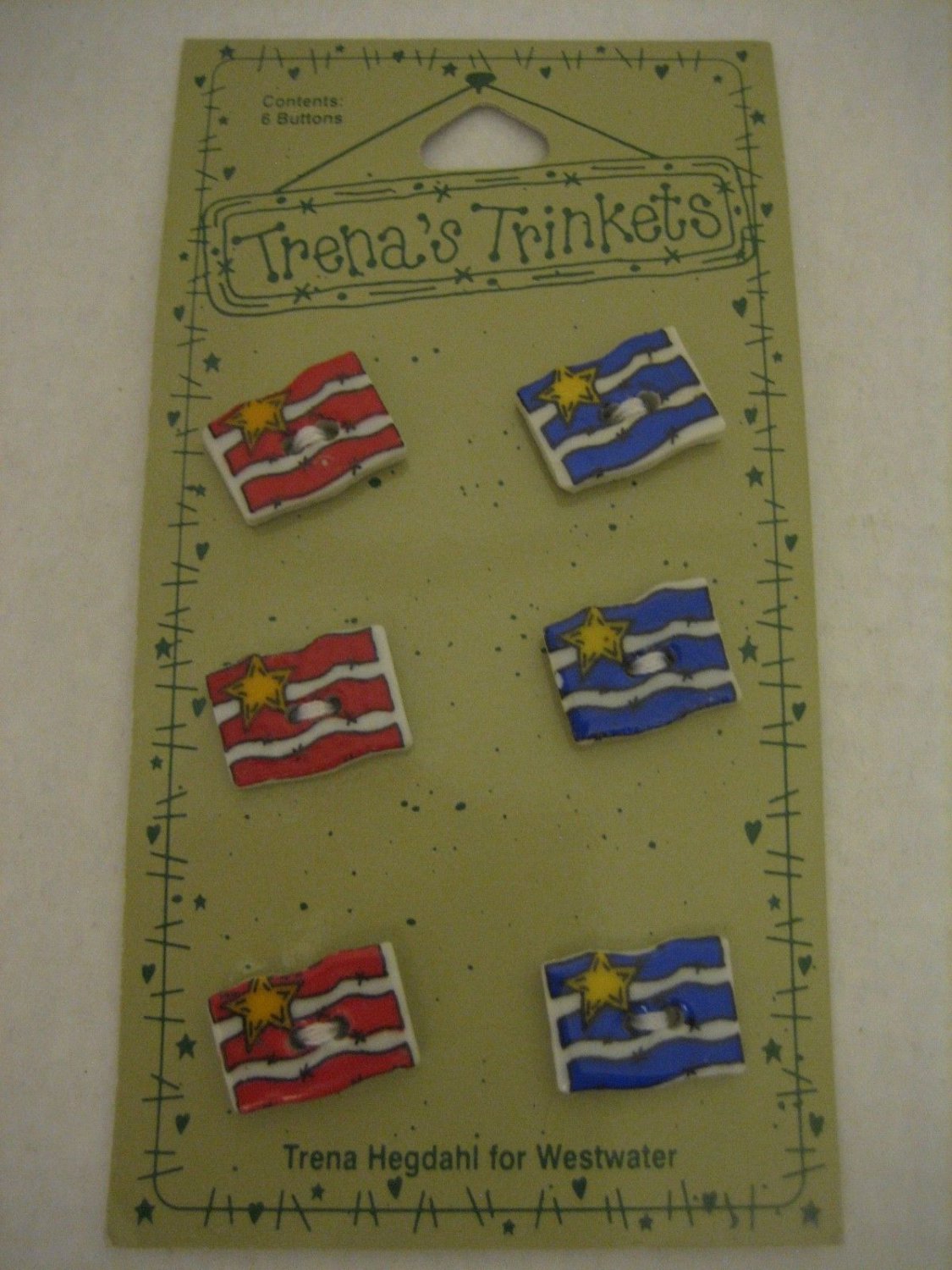 Trena's Trinkets 6 Flag Ceramic Buttons 3 Red/3 Blue NWIP 097327014025