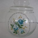 Decorative Blue Floral Clear Round Glass Jar w/Lid Pre-Owned 5 1/2 in.Rx3 1/4W.